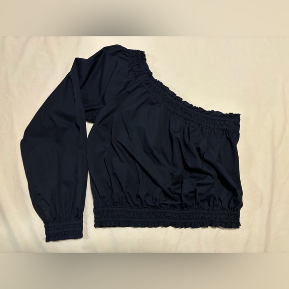 Free People Navy Blue, one arm rusheted top, slight crop or at the waist, M - Picture 2 of 8